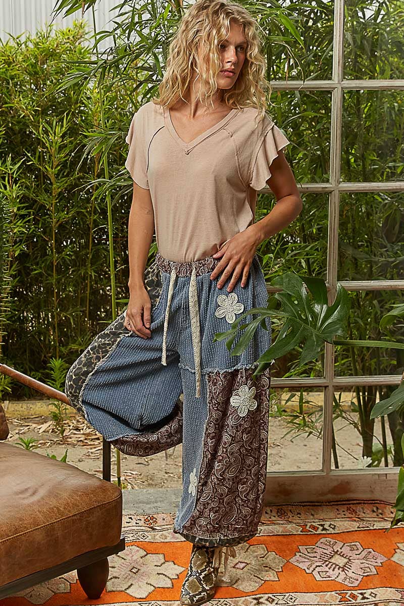 Crochet patch detail contrast patchwork printed woven pants-Pants-Pol Clothing-Stuffology - Where Vintage Meets Modern, A Boutique for Real Women in Crosbyton, TX