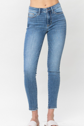 Judy Blue Mid Rise Stretchy Skinny Jeans - Medium Blue | Stuffology Boutique-Jeans-Judy Blue-Stuffology - Where Vintage Meets Modern, A Boutique for Real Women in Crosbyton, TX
