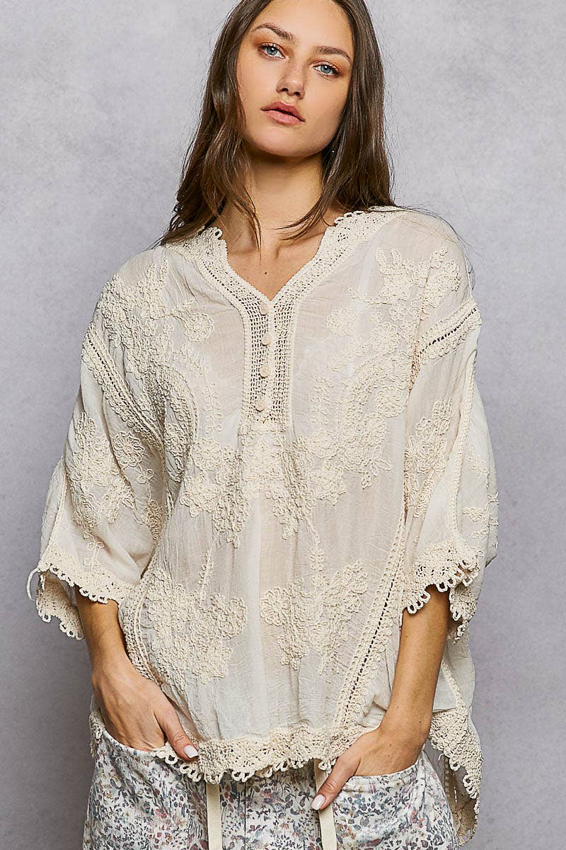 POL Clothing V-neck Short Sleeve Floral Embroidered Crochet Blouse Top-Crochet Top-Pol Clothing-Stuffology - Where Vintage Meets Modern, A Boutique for Real Women in Crosbyton, TX