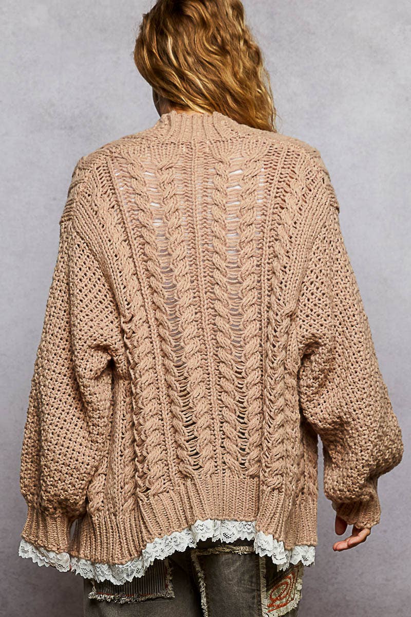 V neck lace trim solid acrylic sweater open cardigan top-Pol Clothing-Stuffology - Where Vintage Meets Modern, A Boutique for Real Women in Crosbyton, TX