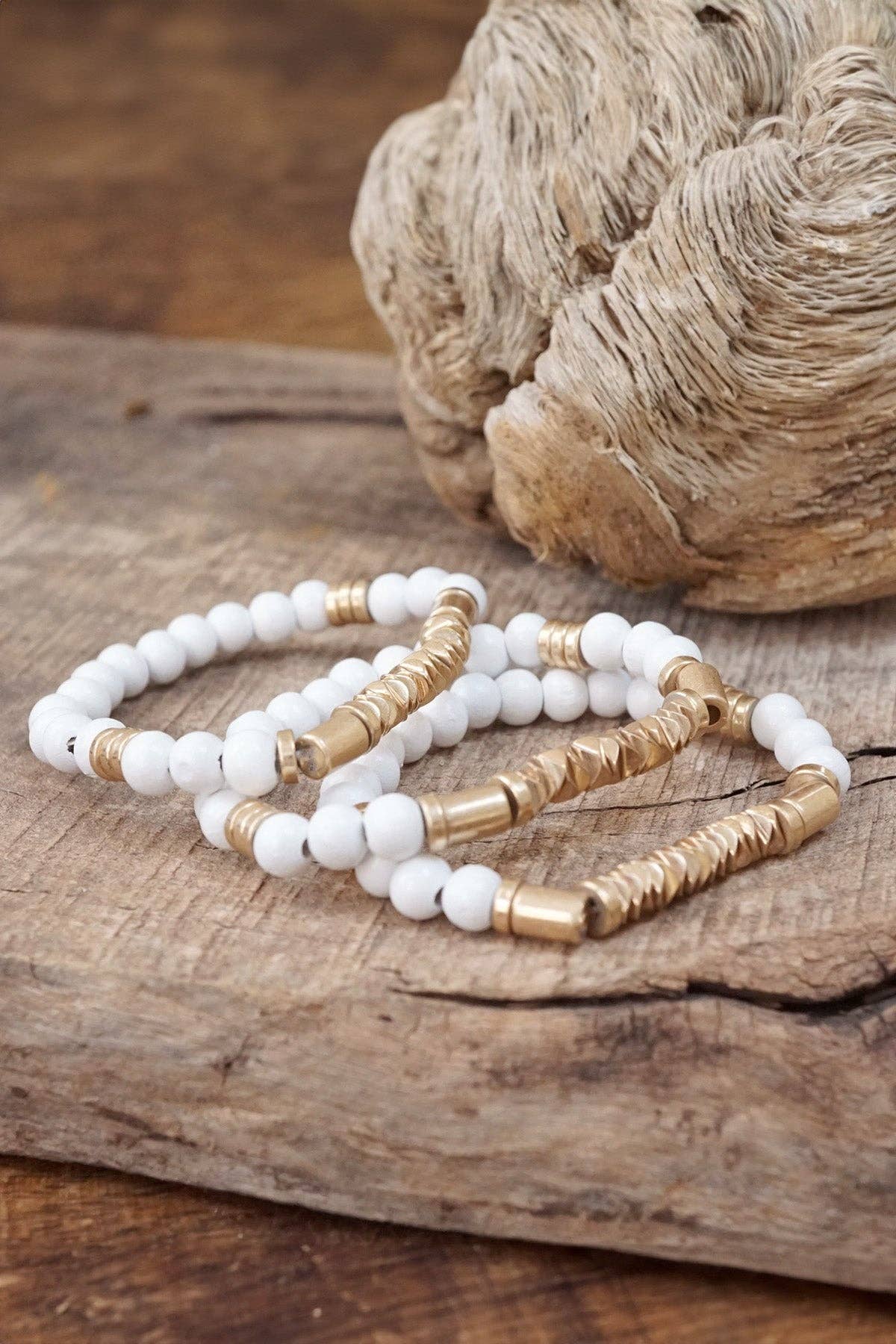 Boho Bracelets Stacks Wood and Metal Beads Pink White Neutral Gold-PennyLine inc-Stuffology - Where Vintage Meets Modern, A Boutique for Real Women in Crosbyton, TX