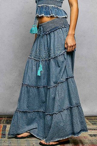 Boho Belle Tiered Denim Maxi Skirt-Skirts-Pol Clothing-Stuffology - Where Vintage Meets Modern, A Boutique for Real Women in Crosbyton, TX