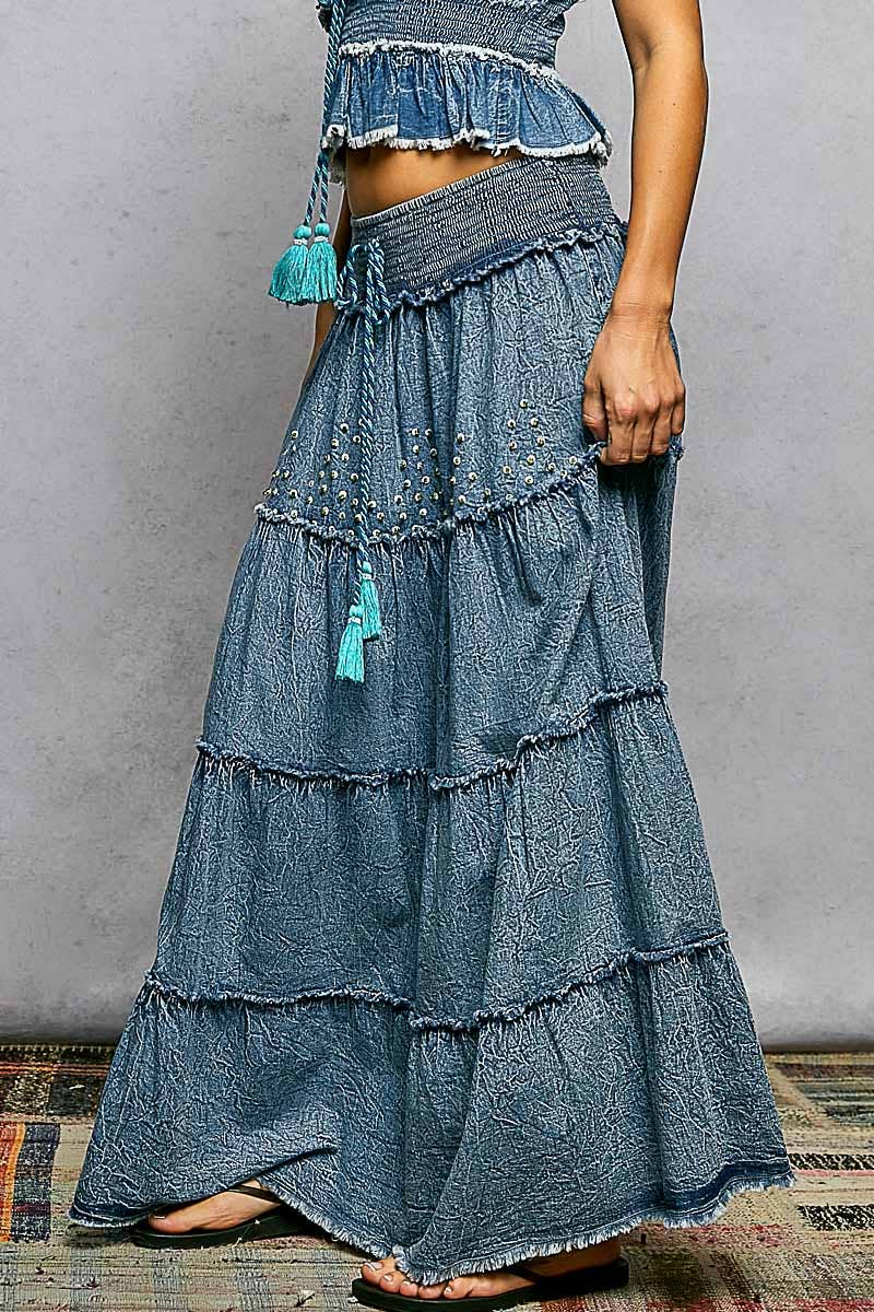 Boho Belle Tiered Denim Maxi Skirt-Skirts-Pol Clothing-Stuffology - Where Vintage Meets Modern, A Boutique for Real Women in Crosbyton, TX