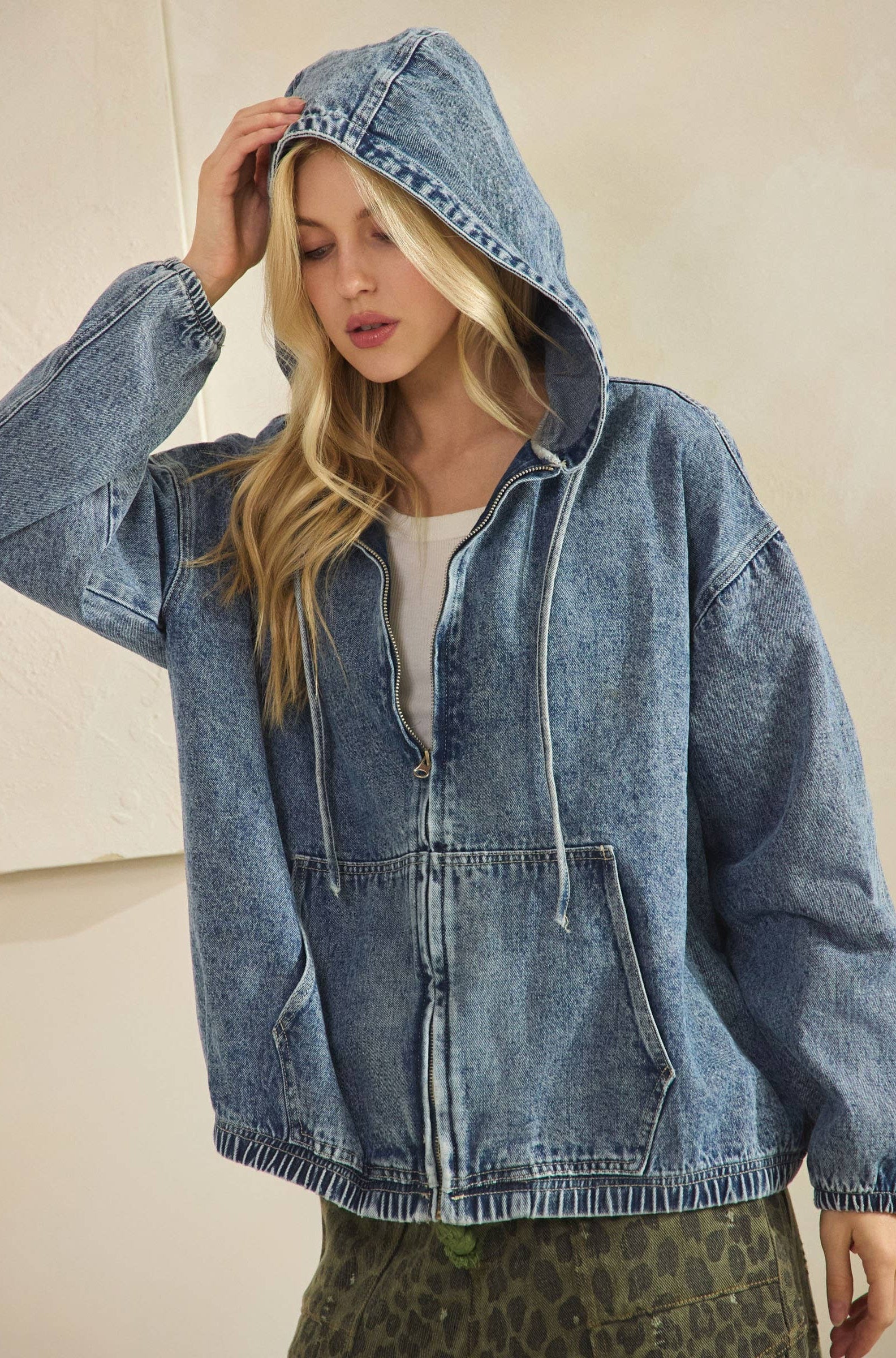 VINTAGE WASH DENIM ZIP-UP HOODIE JACKET-Denim Jacket-Sage + Fig-Stuffology - Where Vintage Meets Modern, A Boutique for Real Women in Crosbyton, TX