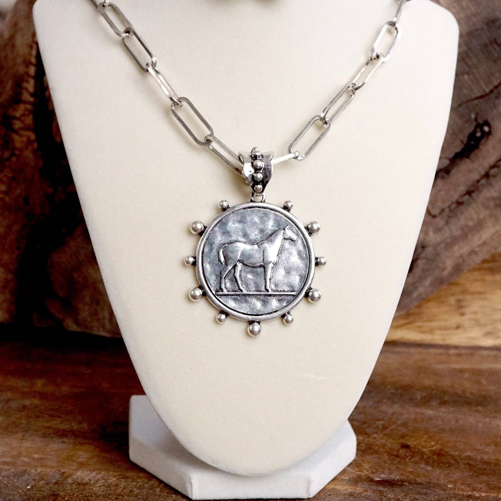 Equestrian Western Horse Coin Statement Necklace – Worn Silver Tone-PennyLine inc-Stuffology - Where Vintage Meets Modern, A Boutique for Real Women in Crosbyton, TX