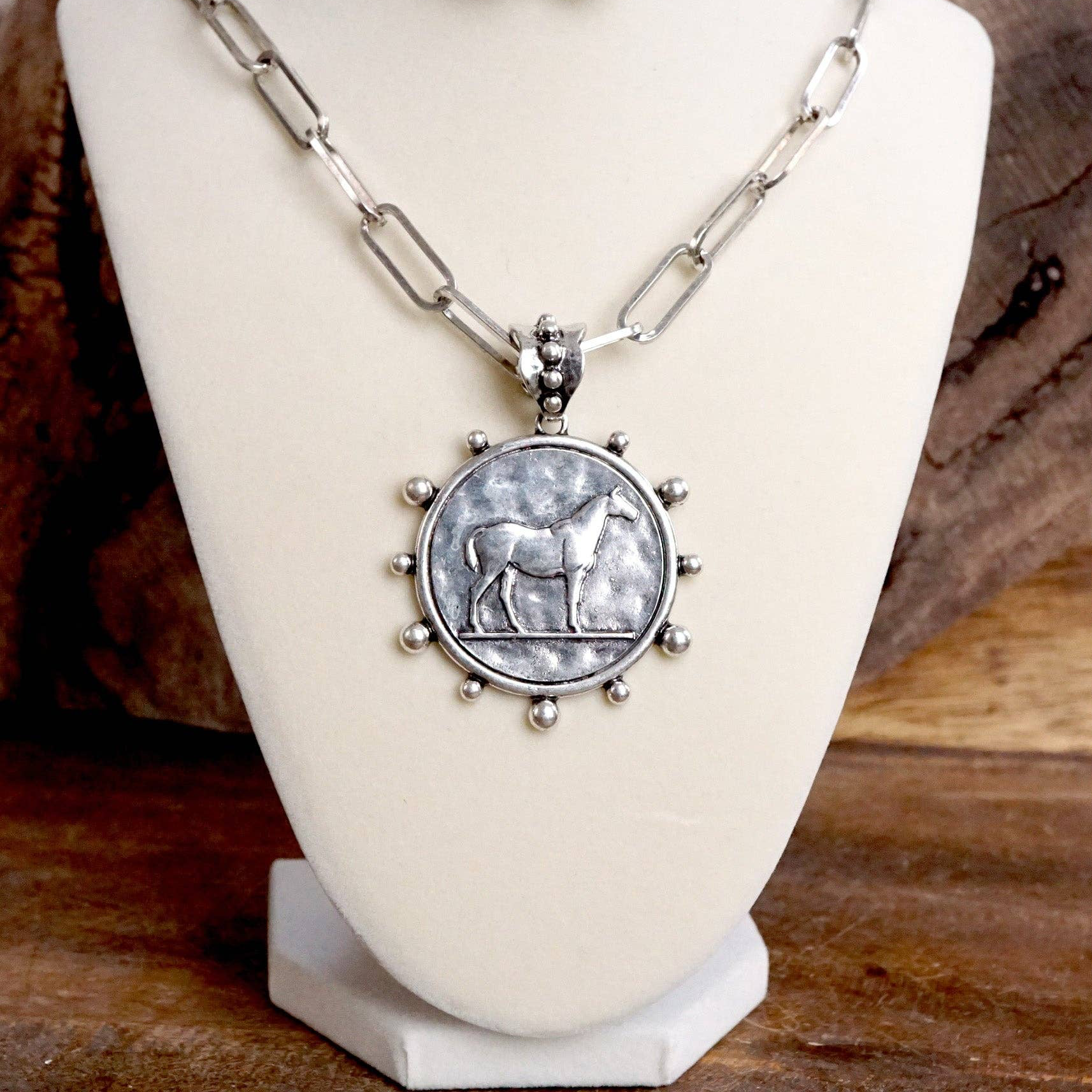 Equestrian Western Horse Coin Statement Necklace – Worn Silver Tone-PennyLine inc-Stuffology - Where Vintage Meets Modern, A Boutique for Real Women in Crosbyton, TX