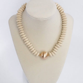 Wood Saucer Beads Short Statement Necklace Gold center Hot Pink Beige Turquoise-Necklaces-PennyLine inc-Stuffology - Where Vintage Meets Modern, A Boutique for Real Women in Crosbyton, TX