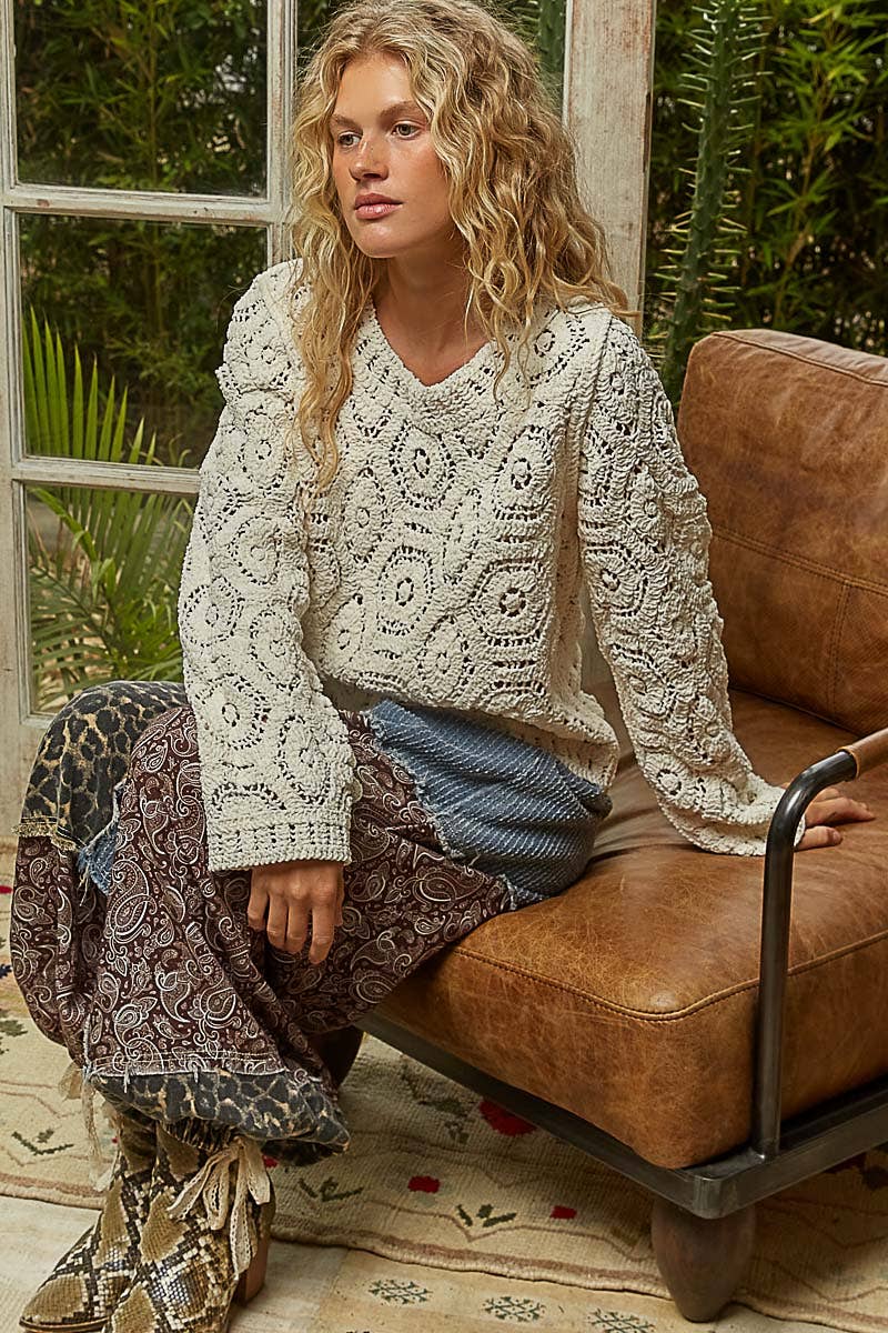 Round neck open knitted crochet solid sweater-Sweaters-Pol Clothing-Stuffology - Where Vintage Meets Modern, A Boutique for Real Women in Crosbyton, TX