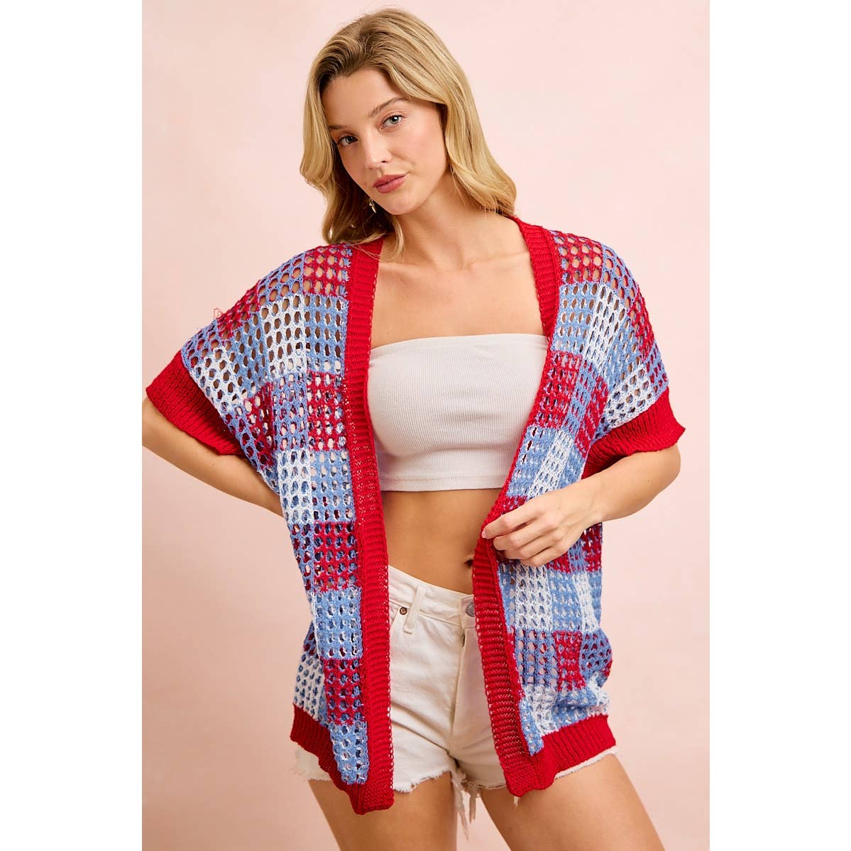 CHECKER BOARD PATTERN OPEN KNIT CARDIGAN-Cardigan-BiBi-Stuffology - Where Vintage Meets Modern, A Boutique for Real Women in Crosbyton, TX