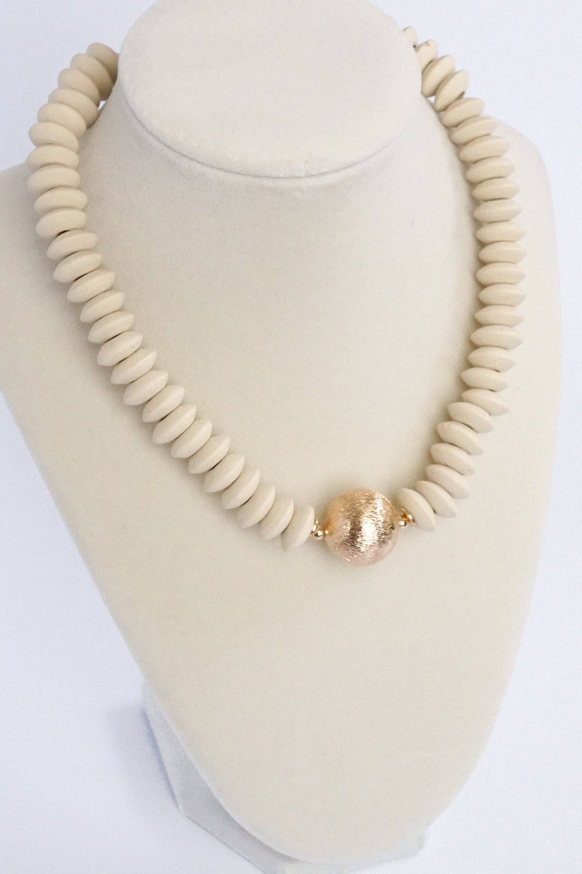 Wood Saucer Beads Short Statement Necklace Gold center Hot Pink Beige Turquoise-Necklaces-PennyLine inc-Stuffology - Where Vintage Meets Modern, A Boutique for Real Women in Crosbyton, TX
