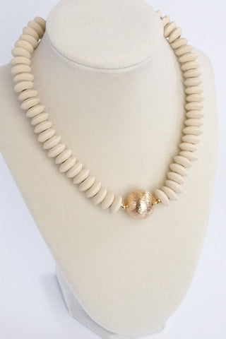 Wood Saucer Beads Short Statement Necklace Gold center Hot Pink Beige Turquoise-Necklaces-PennyLine inc-Stuffology - Where Vintage Meets Modern, A Boutique for Real Women in Crosbyton, TX