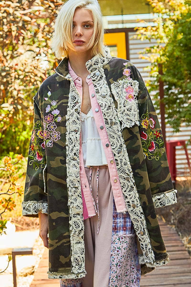 Oversized Camo Print Crochet Detail Jacket/Stuffology Boutique-Jackets-Pol Clothing-Stuffology - Where Vintage Meets Modern, A Boutique for Real Women in Crosbyton, TX