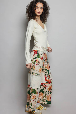 Stud Detail Floral Woven Striped Contrast Straight Pants-Pants-Pol Clothing-Stuffology - Where Vintage Meets Modern, A Boutique for Real Women in Crosbyton, TX