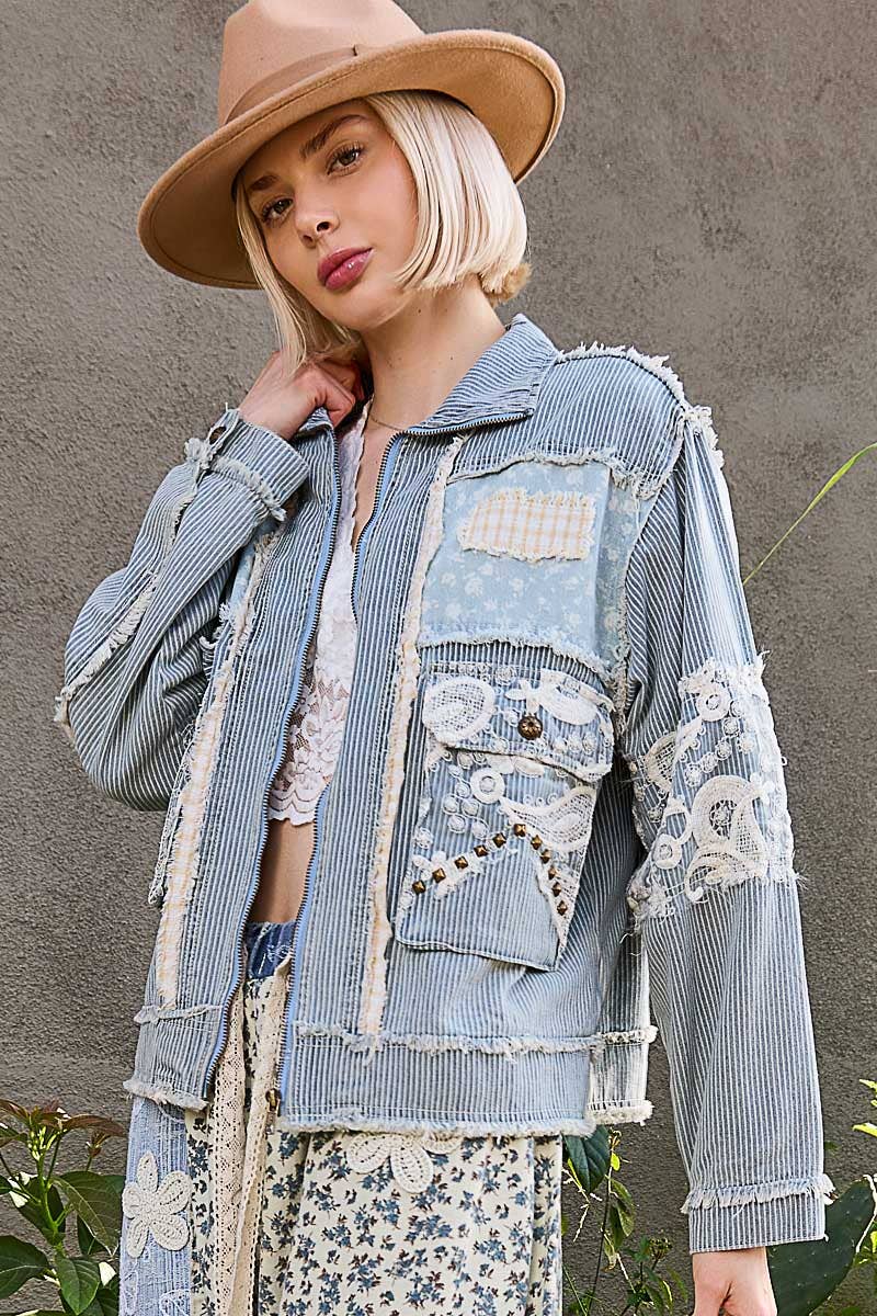 Long sleeve textured woven lace patchwork jacket-Pol Clothing-Stuffology - Where Vintage Meets Modern, A Boutique for Real Women in Crosbyton, TX