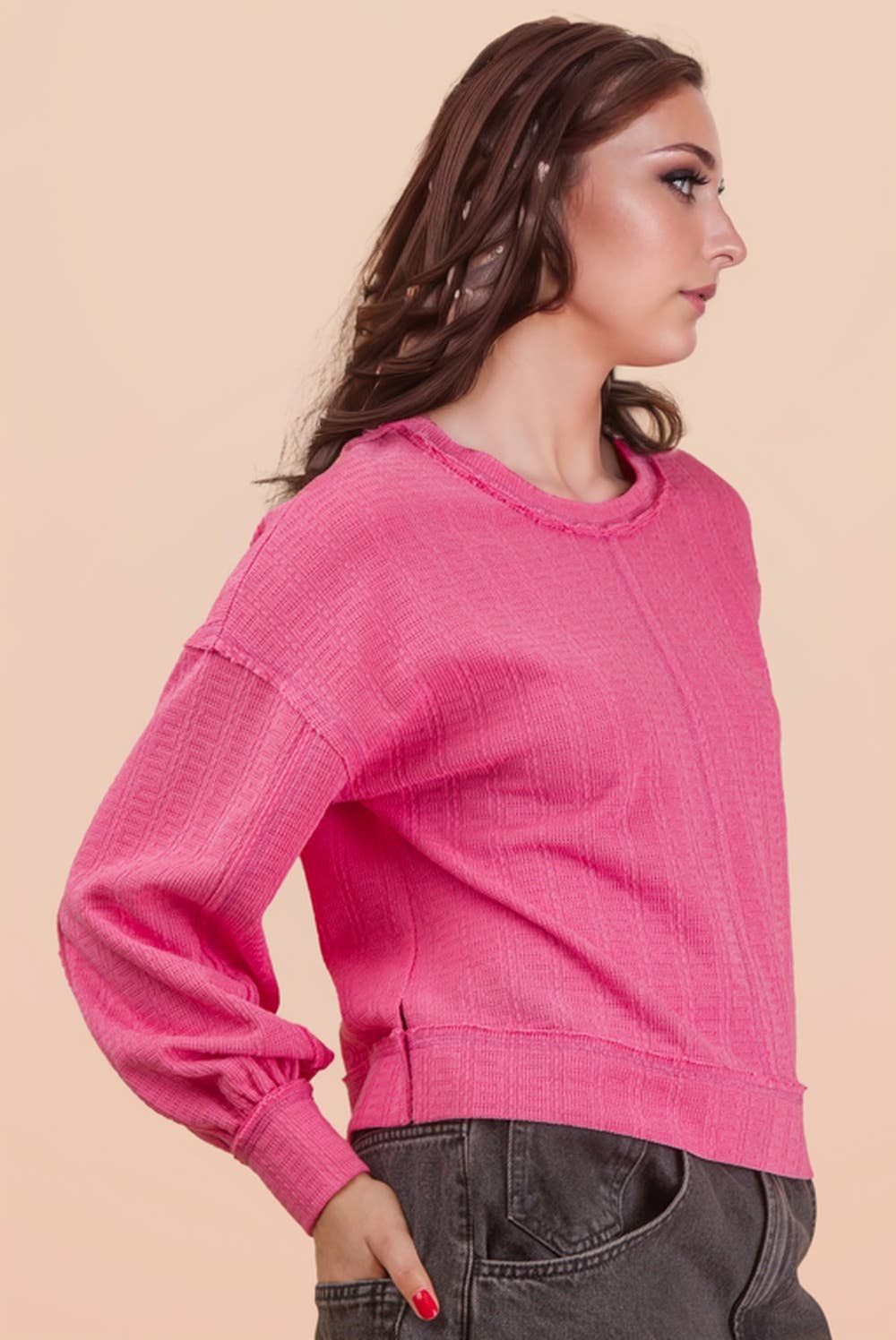 Raw Edge Detail Oversized Textured Knit Top-Top-VERY J-Stuffology - Where Vintage Meets Modern, A Boutique for Real Women in Crosbyton, TX