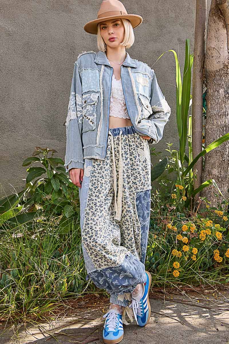 Long sleeve textured woven lace patchwork jacket-Pol Clothing-Stuffology - Where Vintage Meets Modern, A Boutique for Real Women in Crosbyton, TX