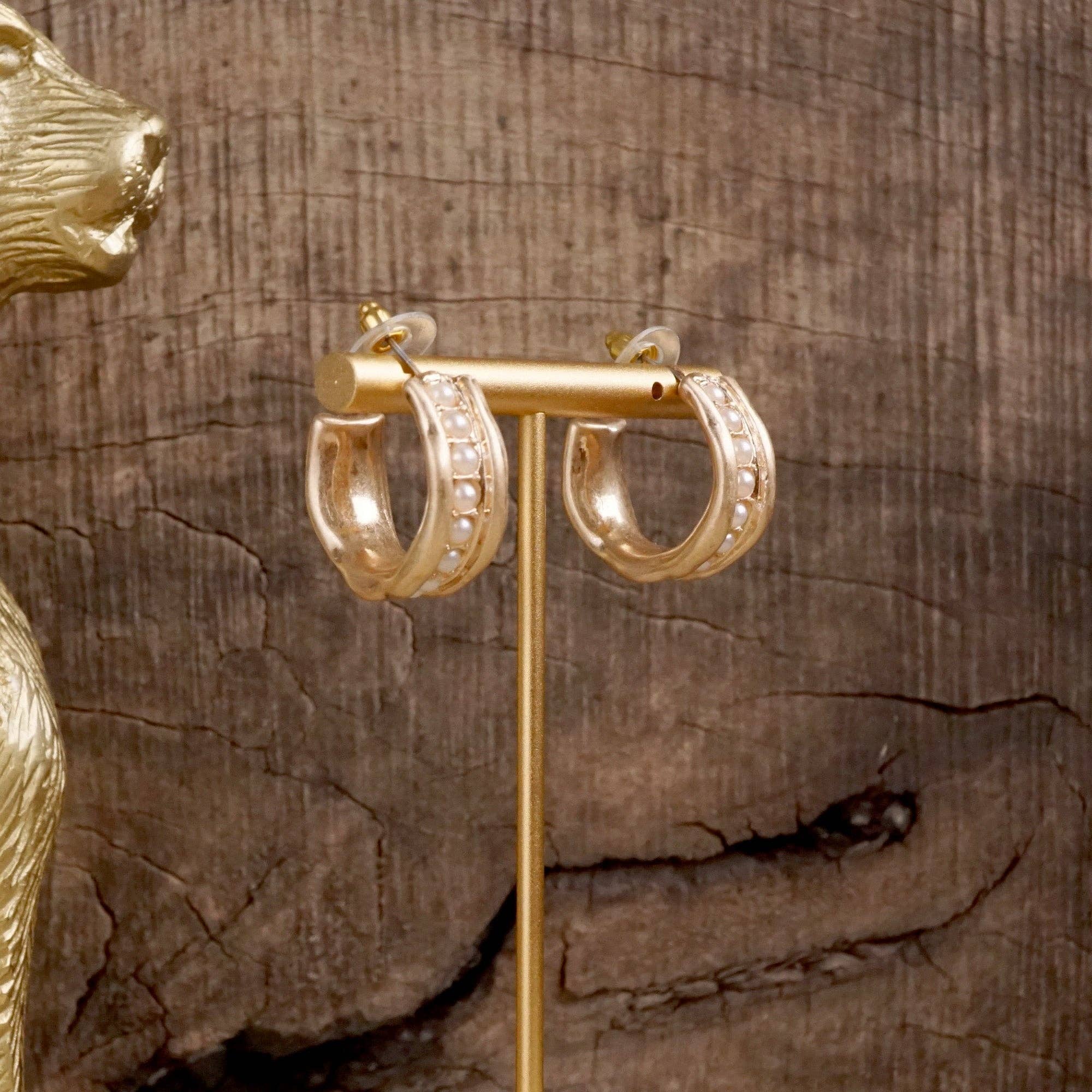 Minimalist Hoops with Faux Pearls or Turquoise – Brushed Gold-Earrings-PennyLine inc-Stuffology - Where Vintage Meets Modern, A Boutique for Real Women in Crosbyton, TX