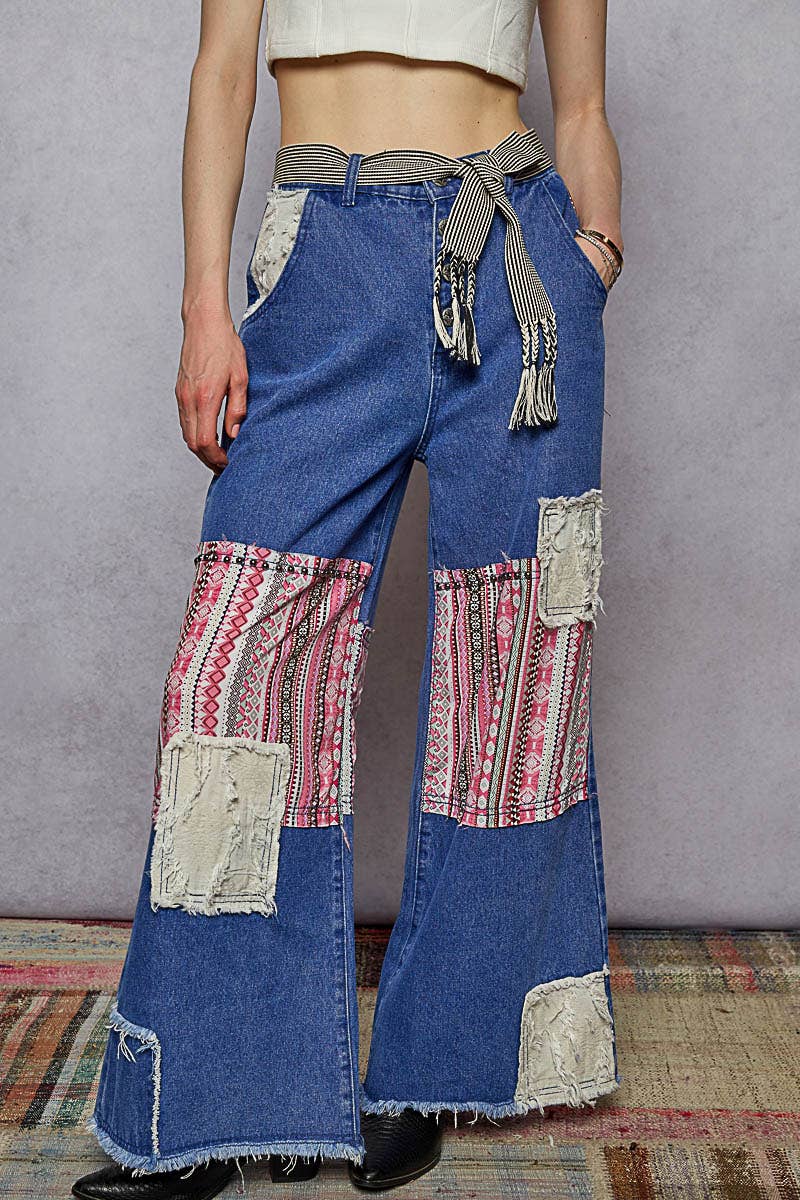 POL Clothing Boho Patchwork Denim Wide Leg Jeans-Jeans-Pol Clothing-Stuffology - Where Vintage Meets Modern, A Boutique for Real Women in Crosbyton, TX