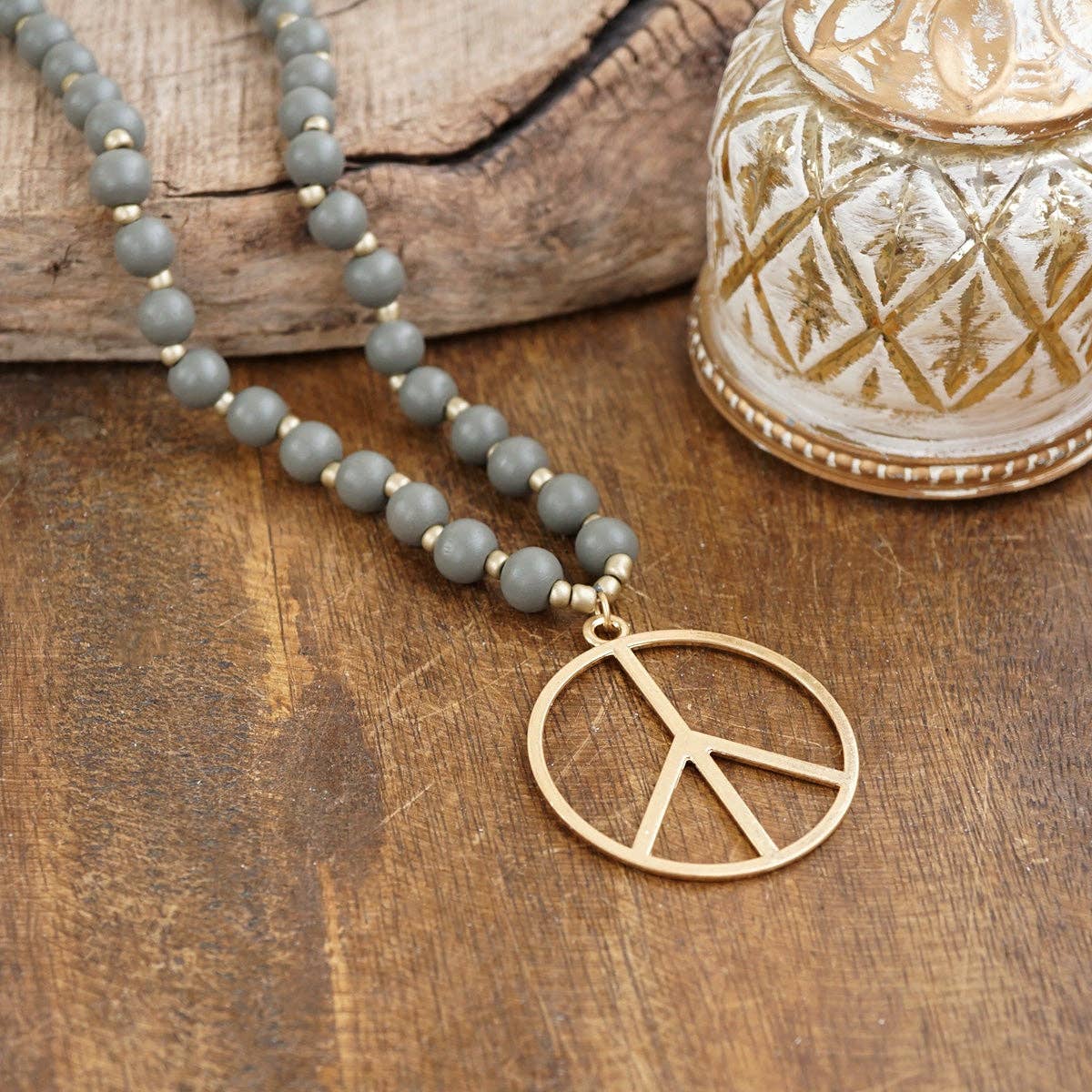 Long Wood Bead Necklace with golden peace sign pendant - Gray-Necklaces-PennyLine inc-Stuffology - Where Vintage Meets Modern, A Boutique for Real Women in Crosbyton, TX
