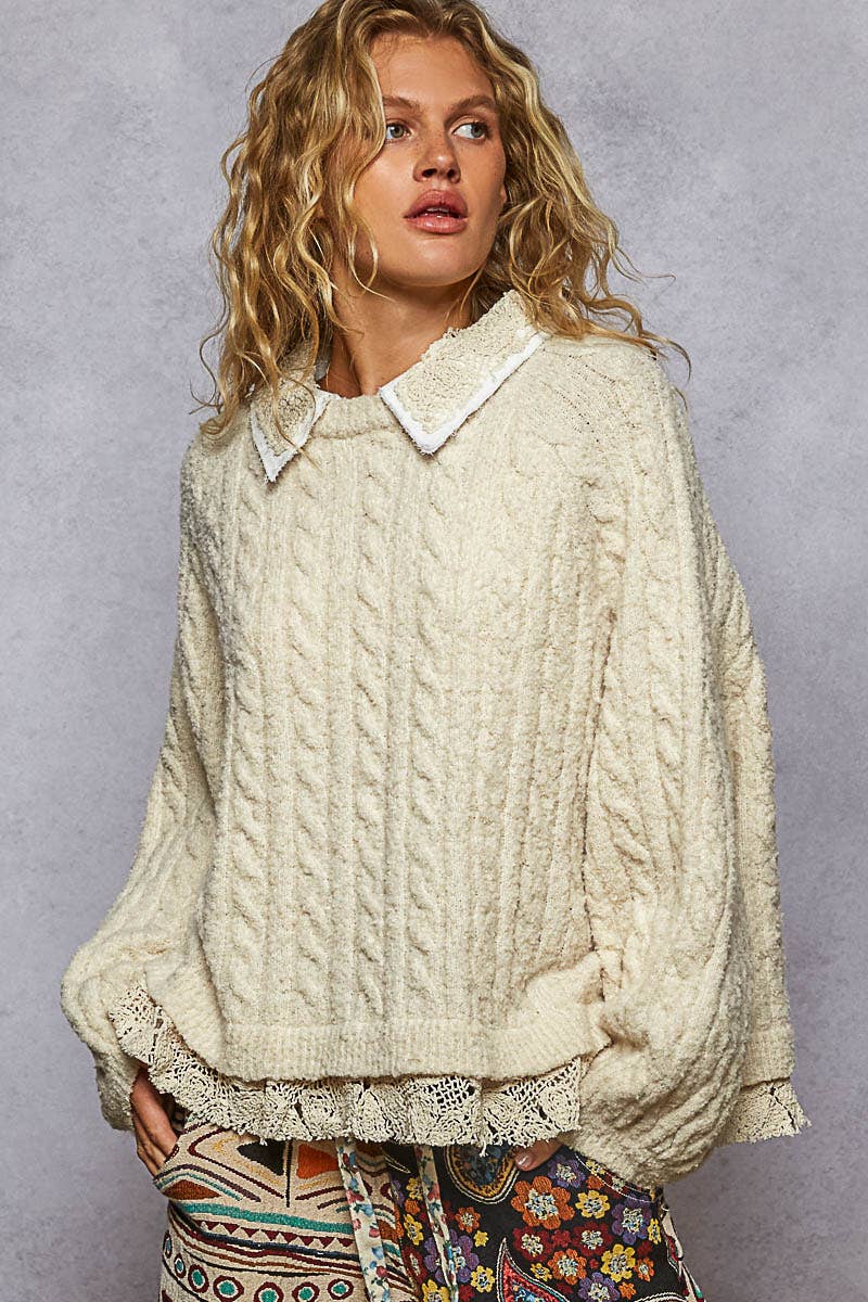 Collar neck double gauze crochet patch solid sweater top - POL Clothing-Sweaters-Pol Clothing-Stuffology - Where Vintage Meets Modern, A Boutique for Real Women in Crosbyton, TX