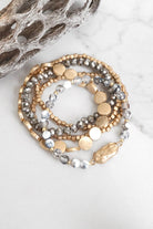 5 piece Boho Beaded Bracelets Stack Semi Precious Metal Glass Beads Golden nugget flat beads-Bracelets-PennyLine inc-Stuffology - Where Vintage Meets Modern, A Boutique for Real Women in Crosbyton, TX
