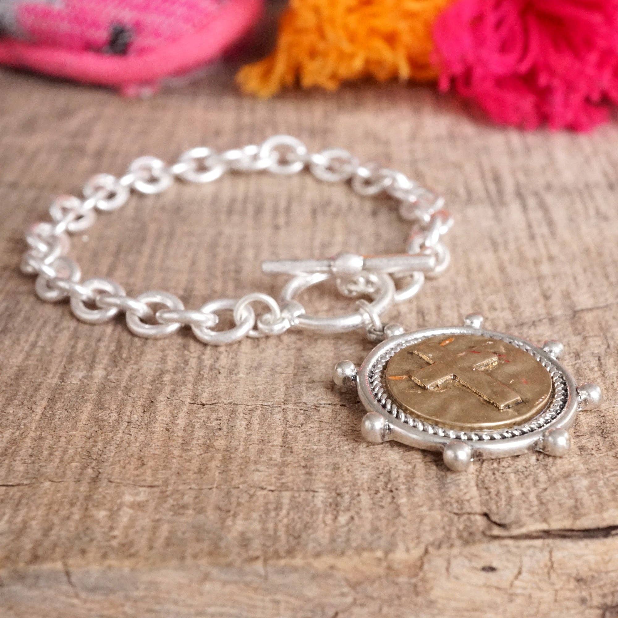 Cross Coin Chain Bracelet Toggle Closure Silver or Gold Tone-Bracelets-PennyLine inc-Stuffology - Where Vintage Meets Modern, A Boutique for Real Women in Crosbyton, TX