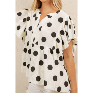 PLAYFUL POLKA PEPLUM TOP-Sage + Fig-Stuffology - Where Vintage Meets Modern, A Boutique for Real Women in Crosbyton, TX