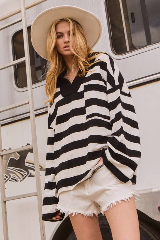 Black and White Striped Oversized Sweatshirt-SWEATSHIRT-Oddi-Stuffology - Where Vintage Meets Modern, A Boutique for Real Women in Crosbyton, TX