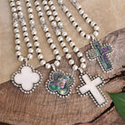Pearlized beads Necklace with Cross and Clover pendant Mother of Pearl Abalone-Necklaces-PennyLine inc-Stuffology - Where Vintage Meets Modern, A Boutique for Real Women in Crosbyton, TX