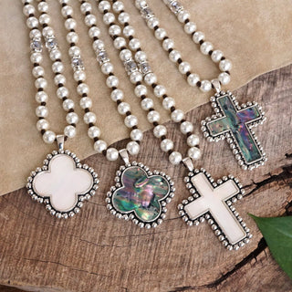 Pearlized beads Necklace with Cross and Clover pendant Mother of Pearl Abalone-Necklaces-PennyLine inc-Stuffology - Where Vintage Meets Modern, A Boutique for Real Women in Crosbyton, TX