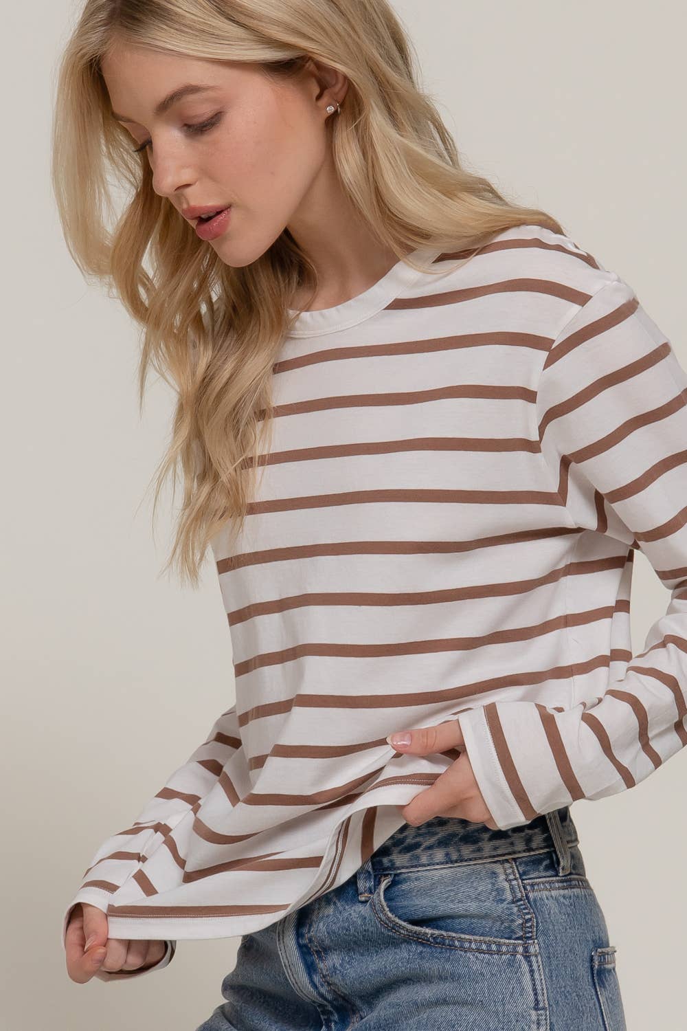 Ivory/Khaki Long Sleeve Round Neck Y/D Stripe Tee-Pullover Top-Stuffology Boutique-Stuffology - Where Vintage Meets Modern, A Boutique for Real Women in Crosbyton, TX
