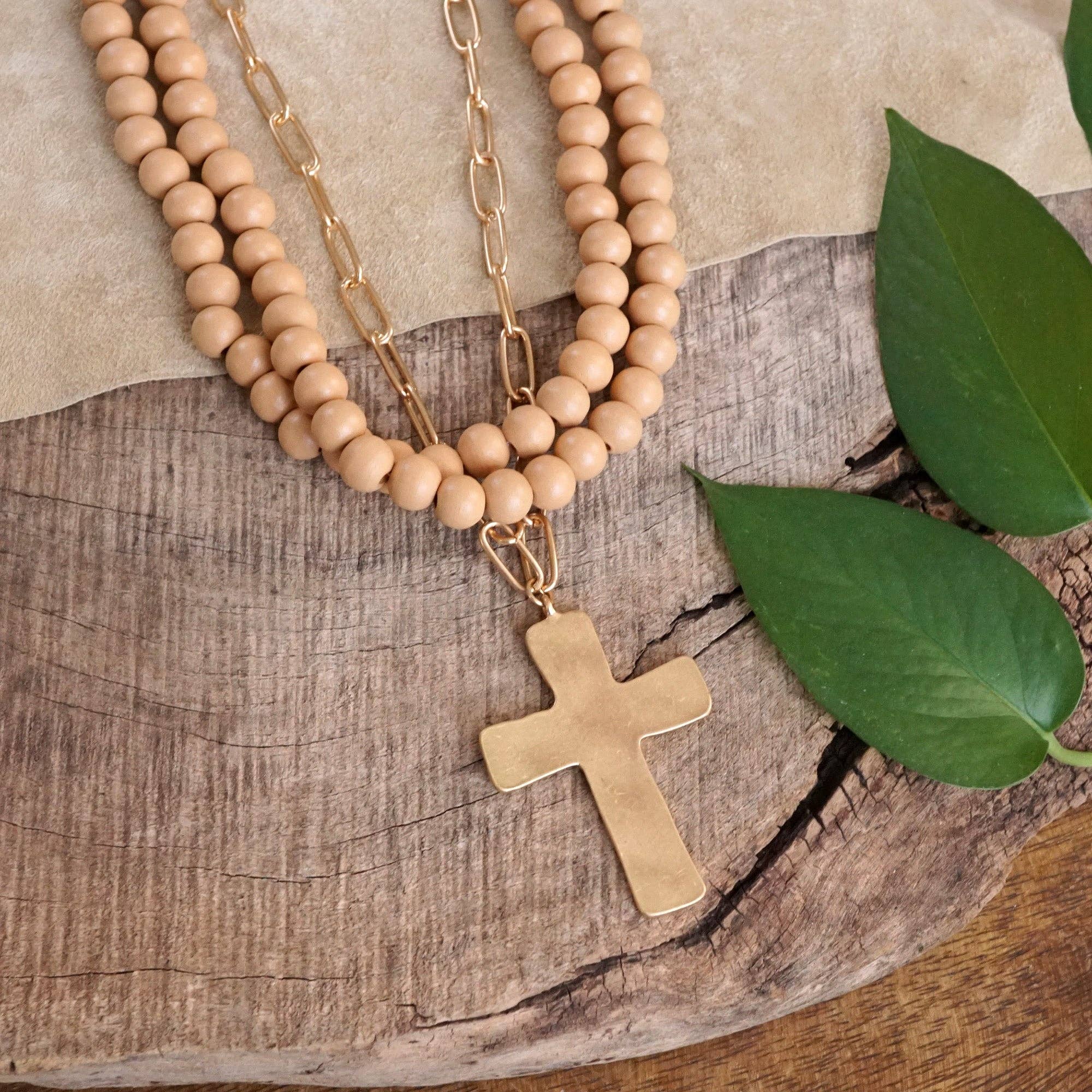 Multi Strand Wood Beads Short Statement Cross Necklace Natural Light Brown-Necklaces-PennyLine inc-Stuffology - Where Vintage Meets Modern, A Boutique for Real Women in Crosbyton, TX