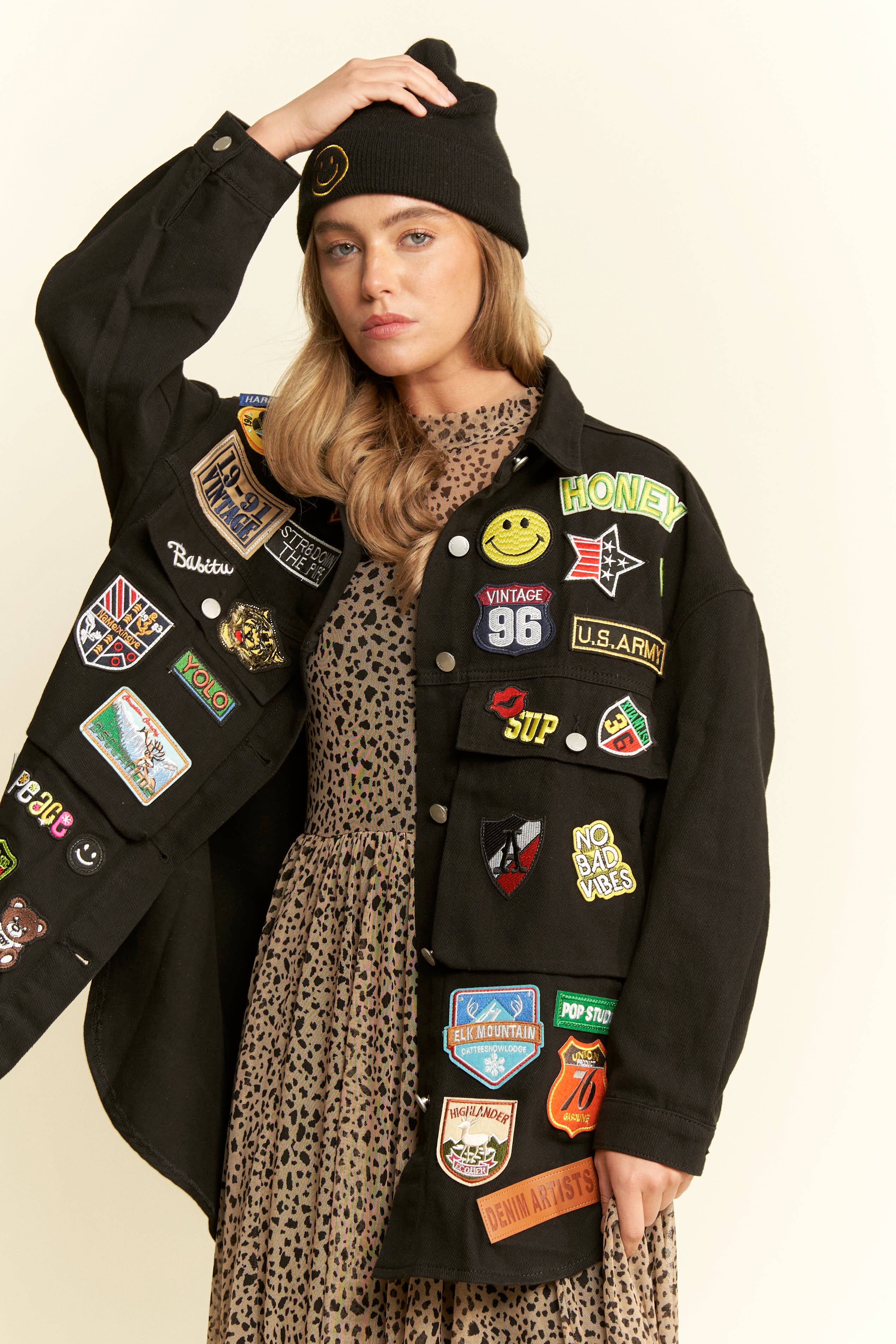 BLACK MULTI PATCH OVERSIZE JACKET-Jackets-JADE BY JANE-Stuffology - Where Vintage Meets Modern, A Boutique for Real Women in Crosbyton, TX