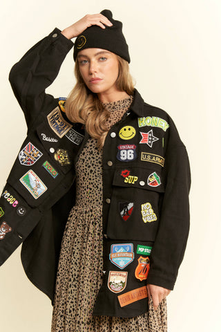 BLACK MULTI PATCH OVERSIZE JACKET-Jackets-JADE BY JANE-Stuffology - Where Vintage Meets Modern, A Boutique for Real Women in Crosbyton, TX