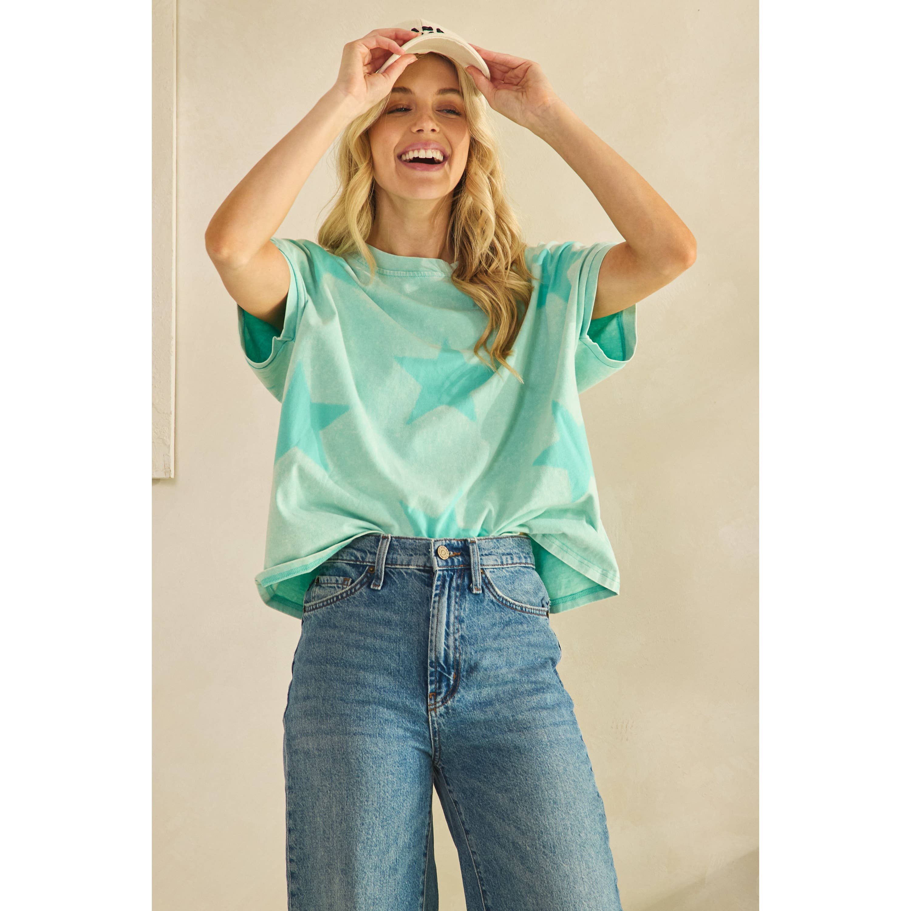 FADED STAR-PRINT OVERSZED T-SHIRT (ST7603)-Sage + Fig-Stuffology - Where Vintage Meets Modern, A Boutique for Real Women in Crosbyton, TX