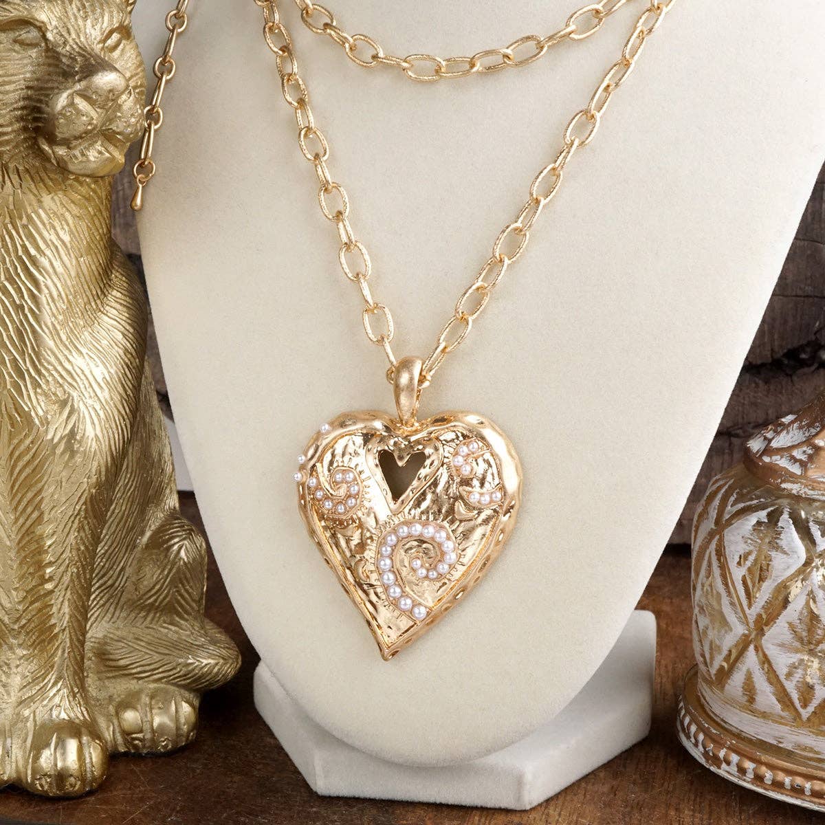 Heartbound Muse – Long Heart Necklace in Gold & Pearls-necklace-PennyLine inc-Stuffology - Where Vintage Meets Modern, A Boutique for Real Women in Crosbyton, TX