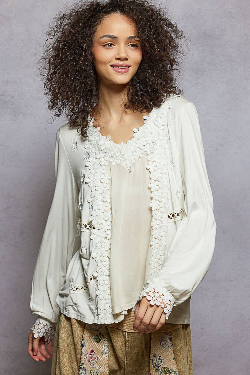 Long Sleeve Contrast Floral Lace Crochet V-Neck Top-Pol Clothing-Stuffology - Where Vintage Meets Modern, A Boutique for Real Women in Crosbyton, TX