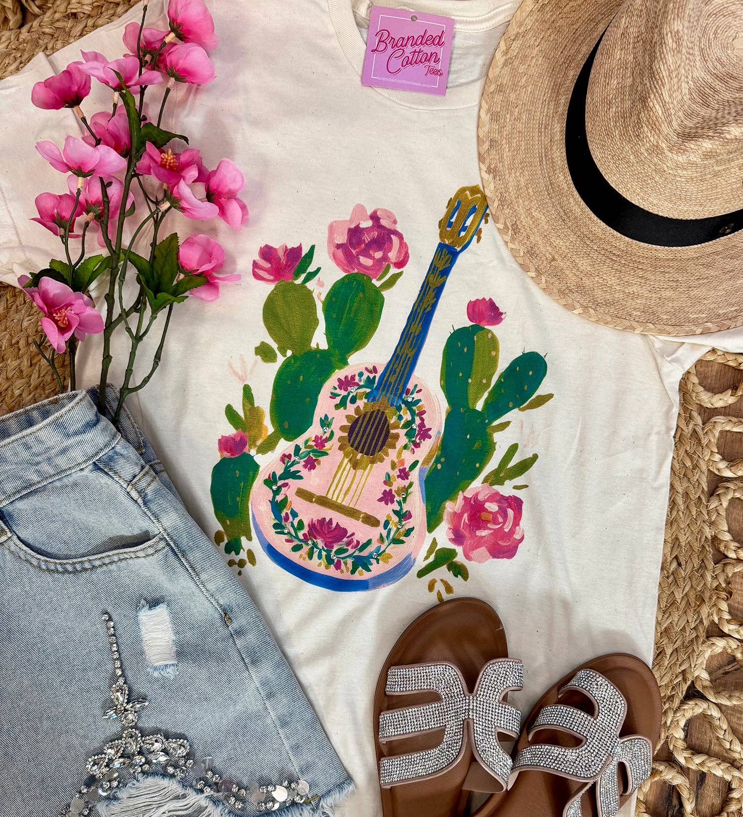 Floral Cactus Guitar Graphic Tee-Graphic Tees-Branded Cotton-Stuffology - Where Vintage Meets Modern, A Boutique for Real Women in Crosbyton, TX
