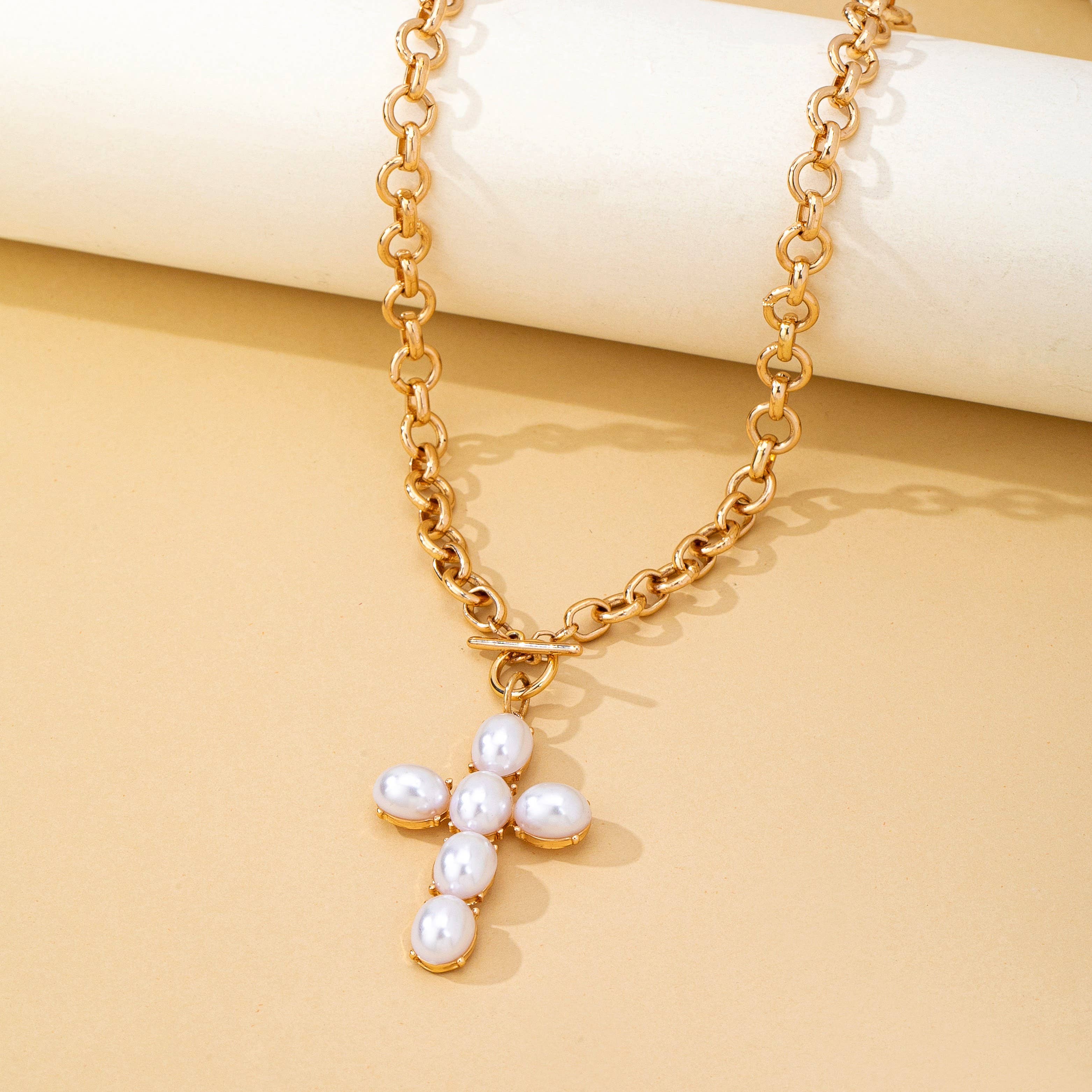 Large Pearl Cross Toggle Necklace | 80N93068-Necklaces-JOSSLYN by wall to wall-Stuffology - Where Vintage Meets Modern, A Boutique for Real Women in Crosbyton, TX