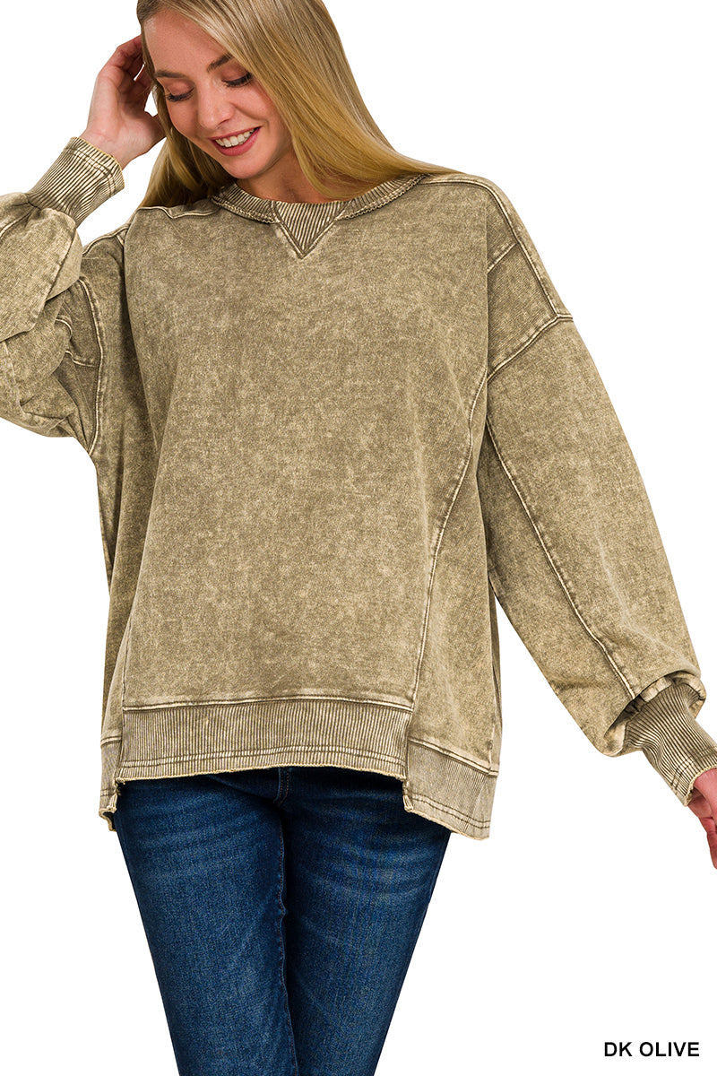 French Terry Acid Wash Pullover-SWEATSHIRT-Zenana-Stuffology - Where Vintage Meets Modern, A Boutique for Real Women in Crosbyton, TX
