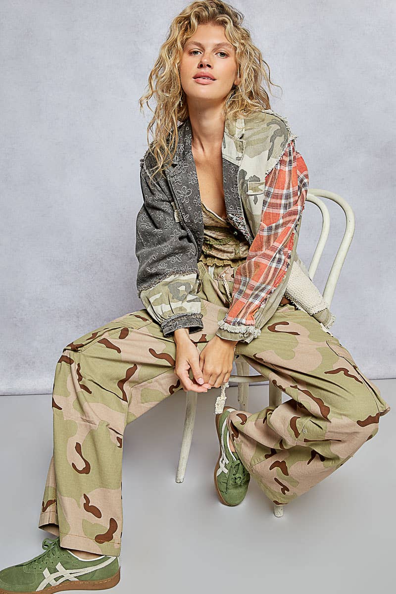 Oversized balloon sleeve camo pattern twill jacket-Jackets-Pol Clothing-Stuffology - Where Vintage Meets Modern, A Boutique for Real Women in Crosbyton, TX