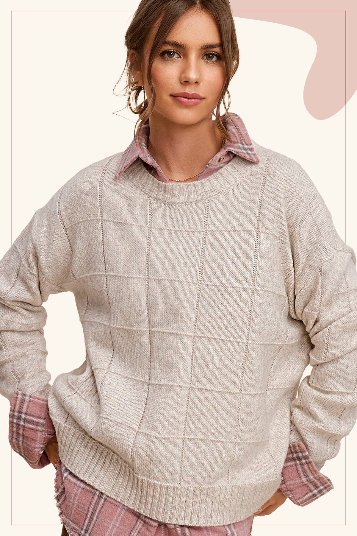 MCS3564-Loose Fit Windowpane Patterned Two Tone Sweater-La Miel-Stuffology - Where Vintage Meets Modern, A Boutique for Real Women in Crosbyton, TX