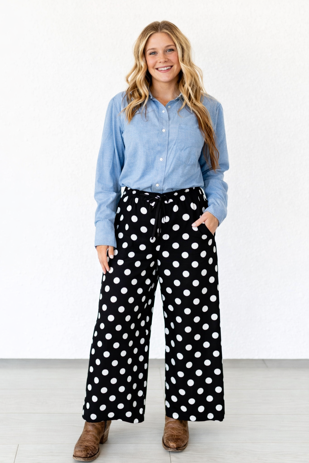 BLACK & WHITE POLKA DOT WIDE LEG PANTS-Pants-Turquoise Haven-Stuffology - Where Vintage Meets Modern, A Boutique for Real Women in Crosbyton, TX