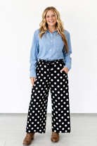 BLACK & WHITE POLKA DOT WIDE LEG PANTS-Pants-Turquoise Haven-Stuffology - Where Vintage Meets Modern, A Boutique for Real Women in Crosbyton, TX