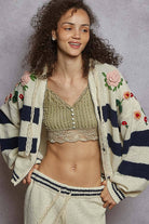 POL Clothing - Striped pattern 3D embroidered hoodie zip-up sweater top-Pol Clothing-Stuffology - Where Vintage Meets Modern, A Boutique for Real Women in Crosbyton, TX