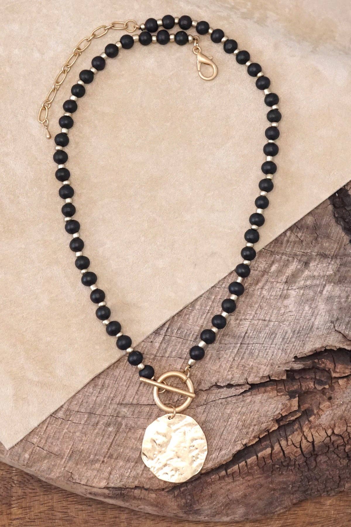 Wooden Beads Short Coin Toggle Necklace in Black and Gold-PennyLine inc-Stuffology - Where Vintage Meets Modern, A Boutique for Real Women in Crosbyton, TX