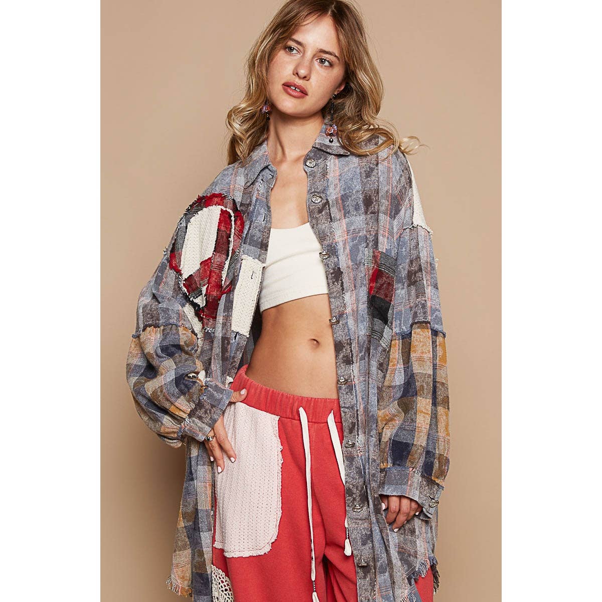 Oversized peace sign patch button down plaid shirt /Stuffology Boutique-Shirt / Jacket-POL Clothing-Stuffology - Where Vintage Meets Modern, A Boutique for Real Women in Crosbyton, TX