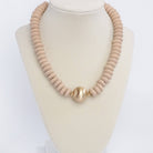 Wood Saucer Beads Short Statement Necklace Gold center Hot Pink Beige Turquoise-Necklaces-PennyLine inc-Stuffology - Where Vintage Meets Modern, A Boutique for Real Women in Crosbyton, TX