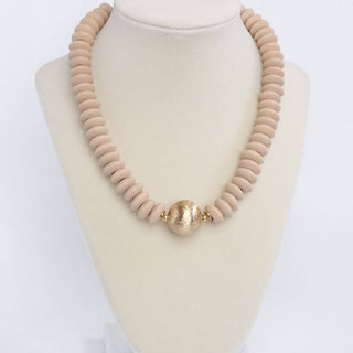 Wood Saucer Beads Short Statement Necklace Gold center Hot Pink Beige Turquoise-Necklaces-PennyLine inc-Stuffology - Where Vintage Meets Modern, A Boutique for Real Women in Crosbyton, TX