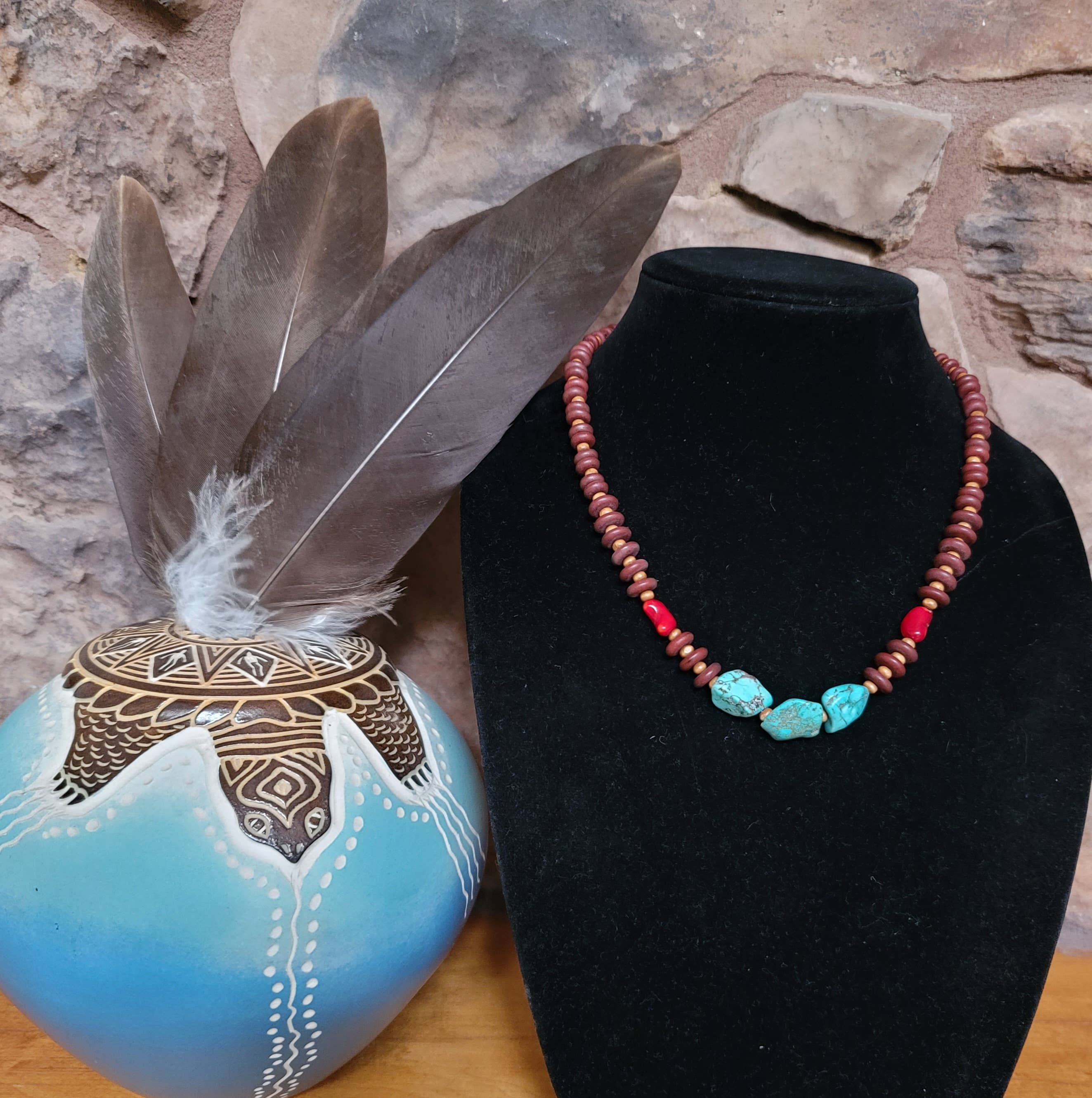 Turquoise, Coral Necklace, wood beads Native American made-Horse Spirit Studio-Stuffology - Where Vintage Meets Modern, A Boutique for Real Women in Crosbyton, TX